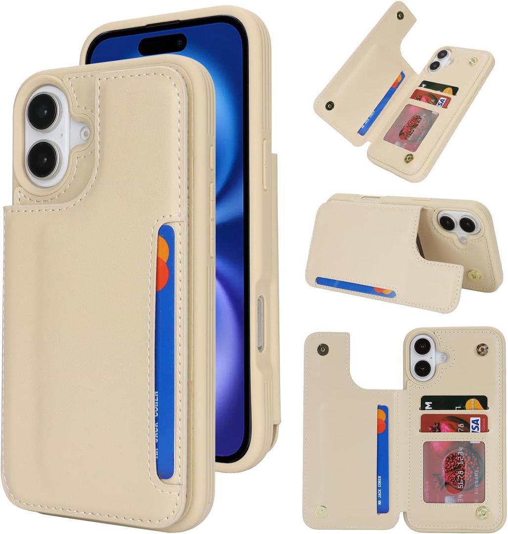 iCoverCase Compatible with iPhone 16 Wallet Phone Case with Card Holder for Women Men, [RFID Blocking] Card Slots PU Leather Protective Wallet Case 6.1 Inch (Beige)