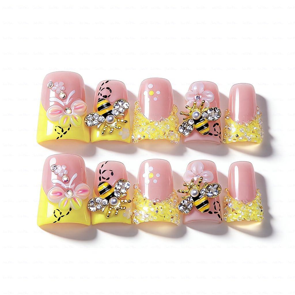 Handmade Short Duck Press On Nails, Precious Bee, 10 Pieces Reusable Acrylic False Nails, Size Large