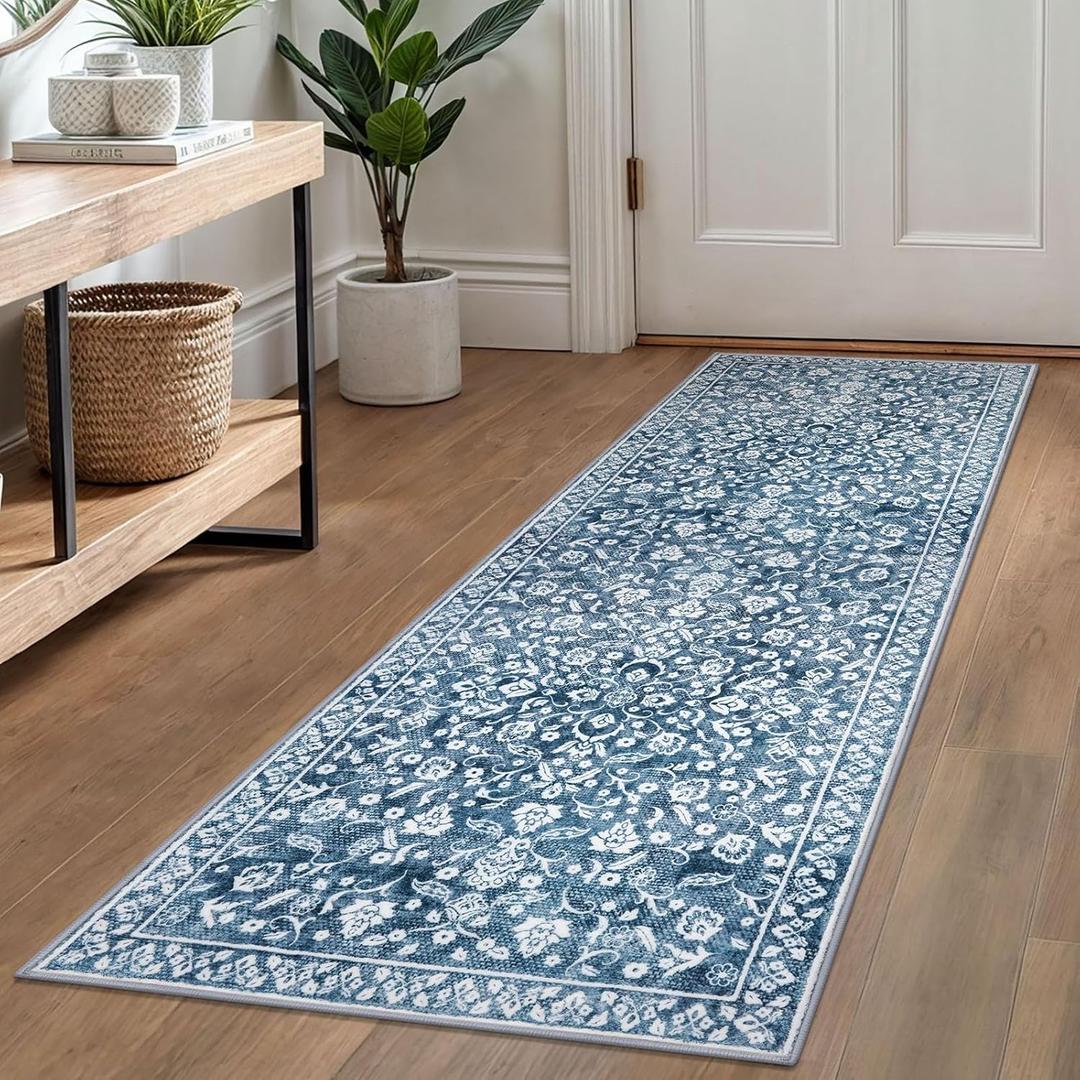 Vintage Runner Rug 2x6, Blue and White Washable Runners for hallways, Super Soft Kitchen Runner Rug Non Slip, Print Faux Wool Thin Carpet Hallway Runner for Entryway Indoor Bedside Runner