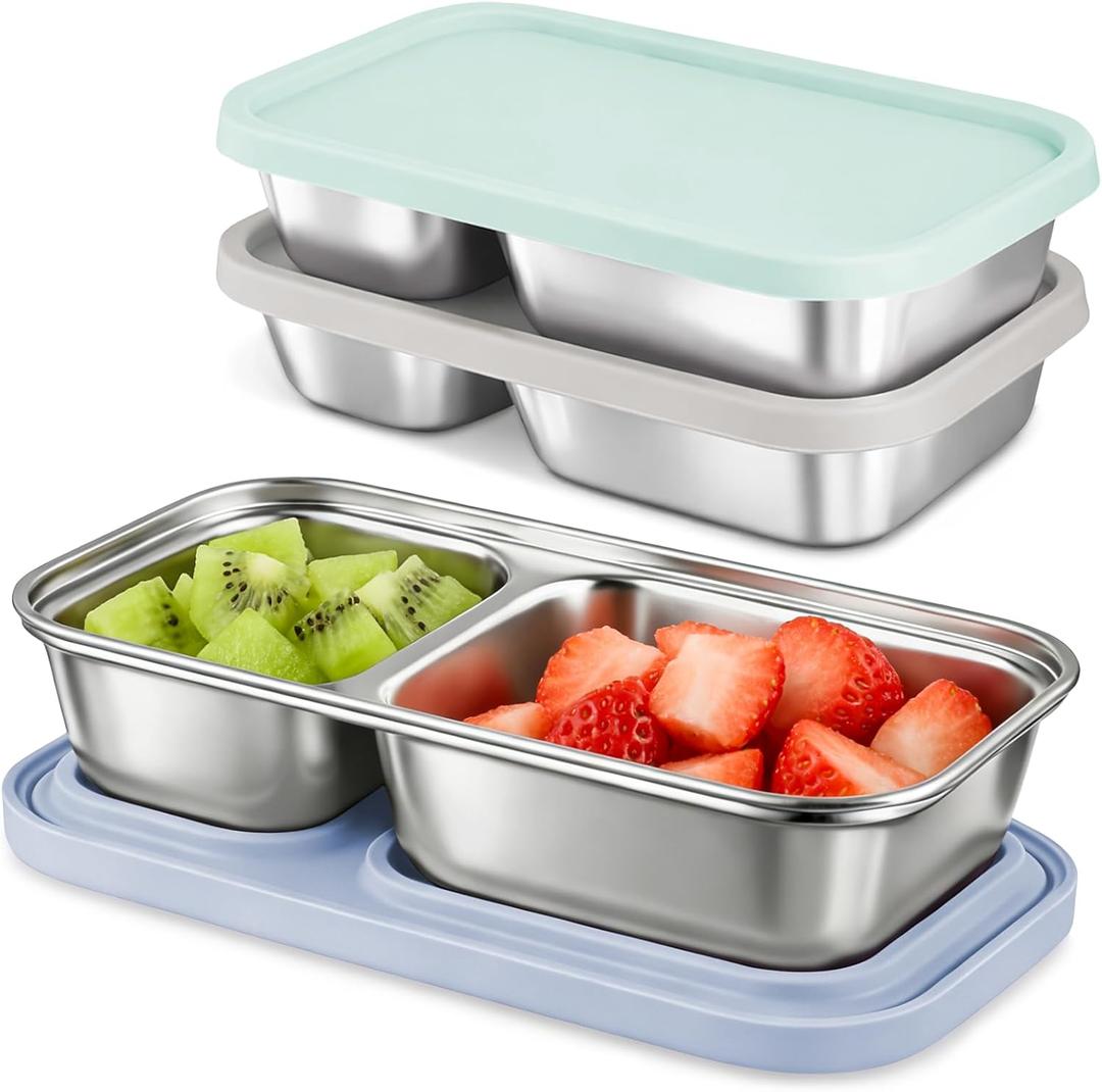 3 Pack Stainless Steel Snack Containers with Silicone Lids, 2-Compartment Snack Containers for Lunch, Office, Travel & CampingAqua, Blue, Grey