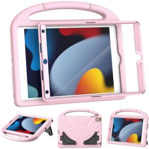 Kids Case for iPad 9th/8th/7th Generation, iPad 10.2 Kids Case with Built-in Screen Protector, Durable Shockproof Handle Stand Protective Cover for iPad 10.2 Inch 2021/2020/2019, Light Pink