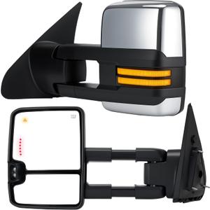 Tow Mirrors Compatible with 2007-2021 Toyota Tundra & 2008-2017 Sequoia, Blind Spot Monitoring, Sequential Switchback Turn Signal, Backup Arrow Light, Power Heated, Dual Glass, Chrome, Large