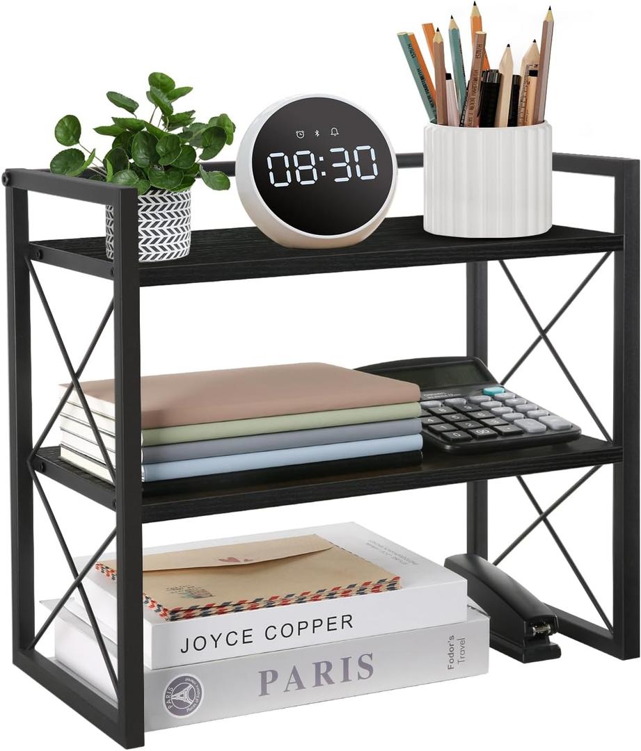 YINMIT Desktop Shelf Organizer, 2 Tier Office Shelves, Wood Desk Organizer Storage Rack and Freestanding Display Shelf for Office, Dormitory, Home(Black)