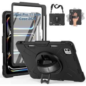 SUPFIVES 2024 iPad Pro 11 Inch Case M4 (5th Generation), with Screen Protector/Shoulder Strap/Pencil Holder/Handle/Rotating Stand, Black