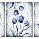 KREATIVE ARTS 3 Pieces Canvas Wall Art Navy Blue and Grey Flower Painting Art Prints Vintage Floral Picture Artwork Modern Bedroom Bathroom Wall Decor Framed Ready to Hang Each Panel 12x16 Inches