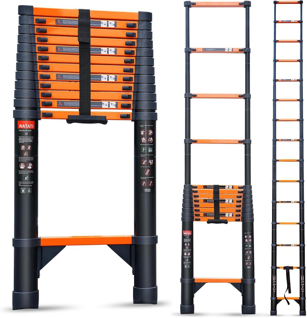 Telescoping Ladder, 16.5FT Aluminum Collapsible Extension Ladder with 2 Triangle Stabilizers & Non-Slip Feet, Portable Ladder Max Capacity 330 LBS for Home, RV, Outdoor(Orange)