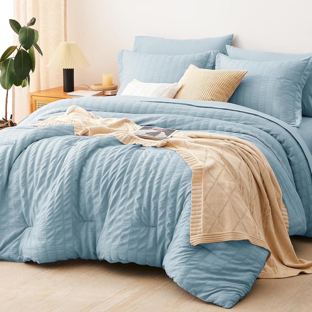 CozyLux Queen Seersucker Comforter Set with Light Blue Bed in a Bag 7-Piece All Season Bedding Set with Comforter, Pillow Sham, Flat Sheet, Fitted Sheet, Pillowcase