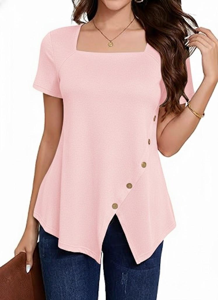 BKHOLL Women's Square Neck Short Sleeve Blouse Loose Fit Stretchy Casual Top Soft Breathable Vacation Shirt for Summer Xl