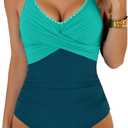Aidonger Women's One Piece Swimsuit Tummy Control Front Cross Bathing Suit Color Block Slim Tie Back High Waisted Swimwear (Blue, L)