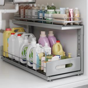 Biboraya Under Sink Organizer Upgrade To Professional Rails,2-Tier Dual Pull Out Cabinet Storage,Height Adjustable Slide Out Drawers For Bathroom Kitchen,1 Pack-21"Dx12.8"-16.9"H,Gun Gray