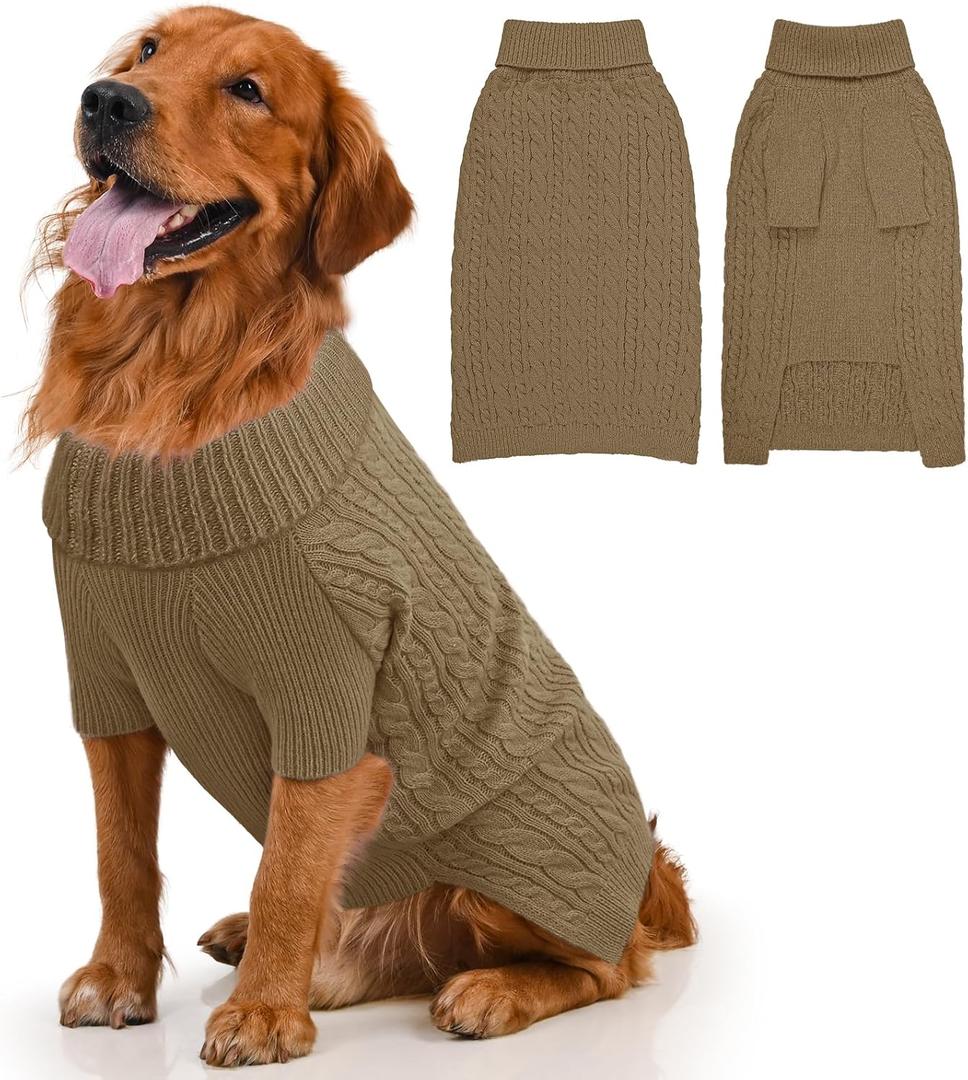 Dog Sweater Turtleneck Pullover Cable Knit for Boys Girls Large Dogs Bulldog Pitbull Labrador Doberman Winter Stretch Clothes Long Sleeves (XXL, Brown)