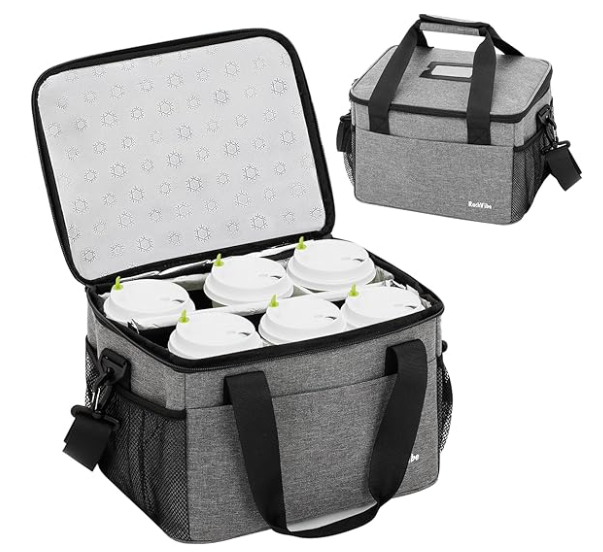 6 Cups Drink Carrier for Delivery, Reusable Cup Holder with Handle, Insulated Collapsible Drink Carrier, Adjustable Dividers, Shoulder Strap, Portable Cooler Tote Bag for Delivery, Travel, Car (Grey) 