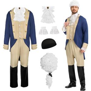 Adult Colonial Costume,Founding Father Costume,Blue Tailcoat Military with Wig