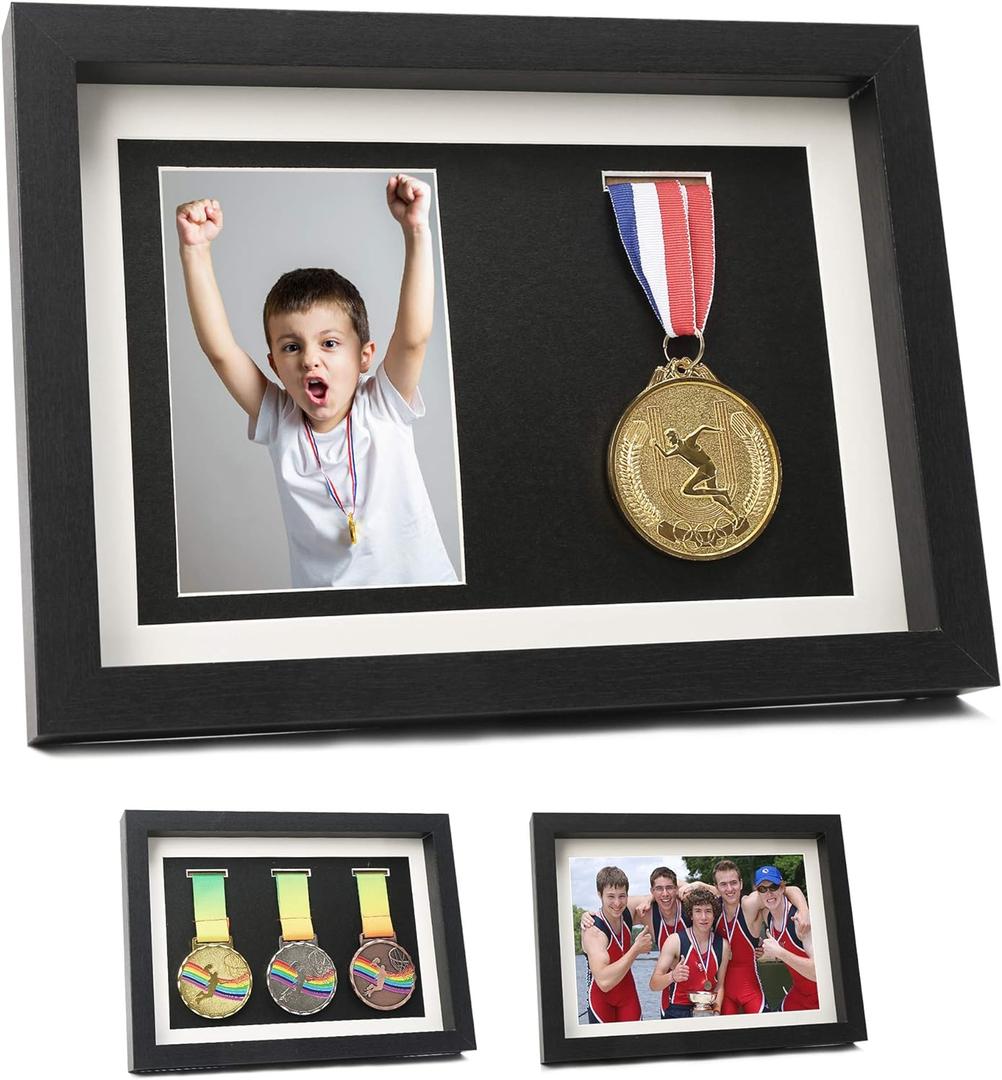 Medal Display Shadow Box - 3 Medal Display Case - Perfect for Runners, Marathon, Race Winner, Soccer, Football, Gymnastics & All Sports (Black, A4)