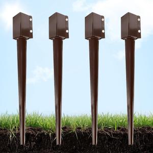 Thealyn Heavy Duty Metal Fence Post Anchor 36 Inch, 4"x4" Ground Spike with Dark Brown Powder Coating, Fence Post Base for Mailbox, Deck Railing, Gazebo, (3.5"x3.5" Inner Diameter), Pack of 4