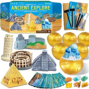 Ancient Wonders Dig Kit, Excavate 6 Treasure Landmarks Figurines & 6 Rocks, with History Learning Cards, Wonders of The World Toy Archaeology Set, STEM Party Favor Gifts for Boys & Girls Age 6+