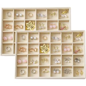 Large Velvet Jewelry Tray 2 Pack Stackable Jewelry Display Drawer Inserts Trays Organizer for Earring Bracelet Necklace Ring (Beige, 24 Grids)