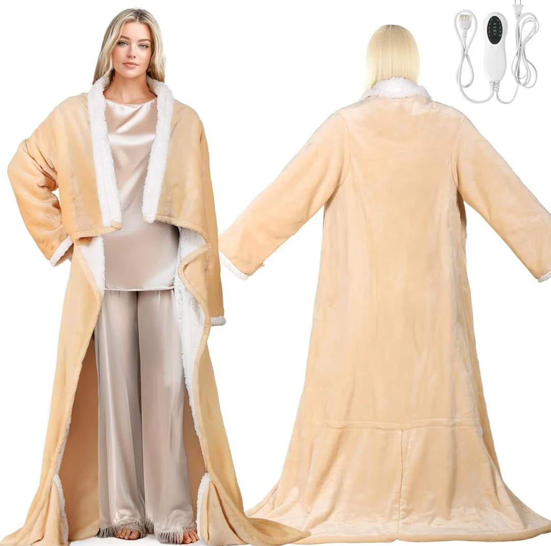 Richtry Electric Blanket Wearable with Foot Pockets & Sleeves, Electric Heated Snuggle Blanket, Flannel & Sherpa Heating Throw with 10 Heat Settings, 112 Hours Auto ShutOff, 50"×70", Beige