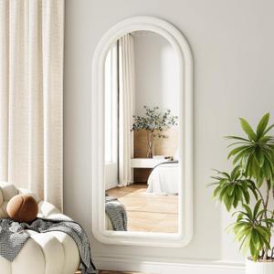 Koonmi 56"x24" Full Length Mirror, Flannel Wall Mirrors, Velvet Arched Full Body Mirror with Stand, Hanging or Leaning Against Wall for Bedroom Living Room, White