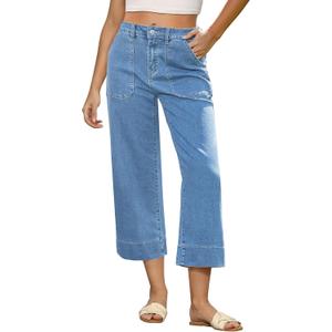 GRAPENT Capri Jeans for Women High Waisted Wide Leg Trendy Strechy Loose Straight Cropped Denim Jeans Pants with Pockets (Blue, XXL)