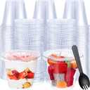 Suclain 200 Pack 8 oz Disposable Plastic Cups with Flat Lid and Sporks Set, Clear Fruit Cups, Plastic Spork, 8oz Containers with Lids and Holes for Food Appetizer Ice Cream Dessert Cold Drink