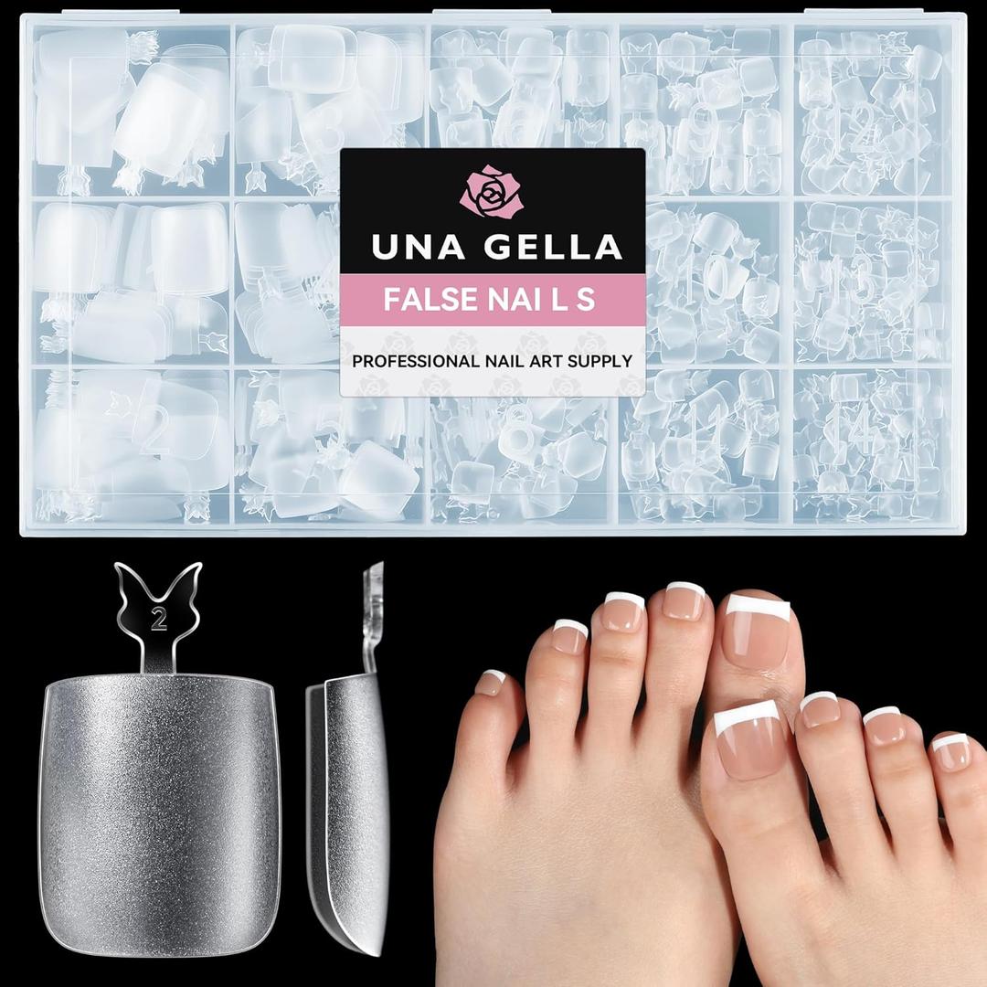 UNA GELLA Square Toe Nail Tips For Big Toe, 504Pcs 15Sizes Soft Gel Full Cover Toe Nail Tip Pre-buff Fake Acrylic Toes Nail Press Ons Soak Off Pedicure For Nail Extensions Home DIY Nails Salon