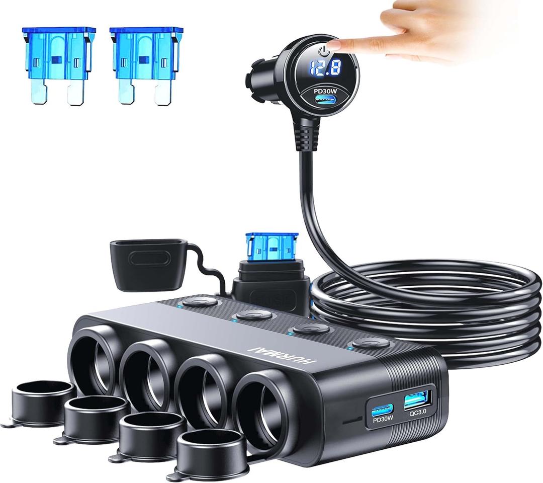 HURMAI Cigarette Lighter Splitter Adapter 216W 4 Socket Heavy Duty Truck Car USB Chager Multi Port with PD30W/QC3.0 Charge USB C 12V/24V Independent Switches & Dust Cover & Waterproof for Car Devices