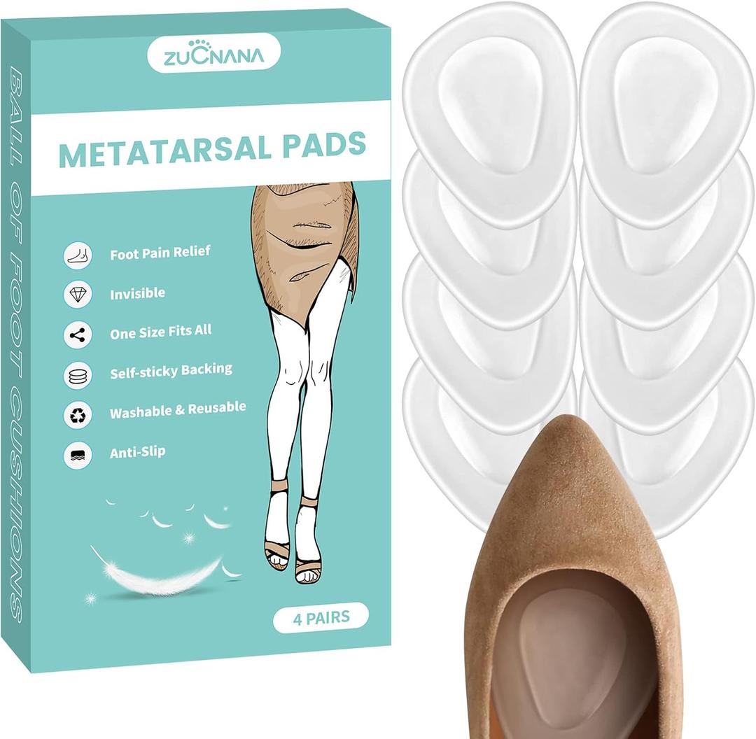ZUCNANA Metatarsal Pads for Women (4 Pairs Shoe Inserts), Invisible Ball of Foot Cushions for Women High Heels, Soft Gel Foot Pads for Foot Pain Relief