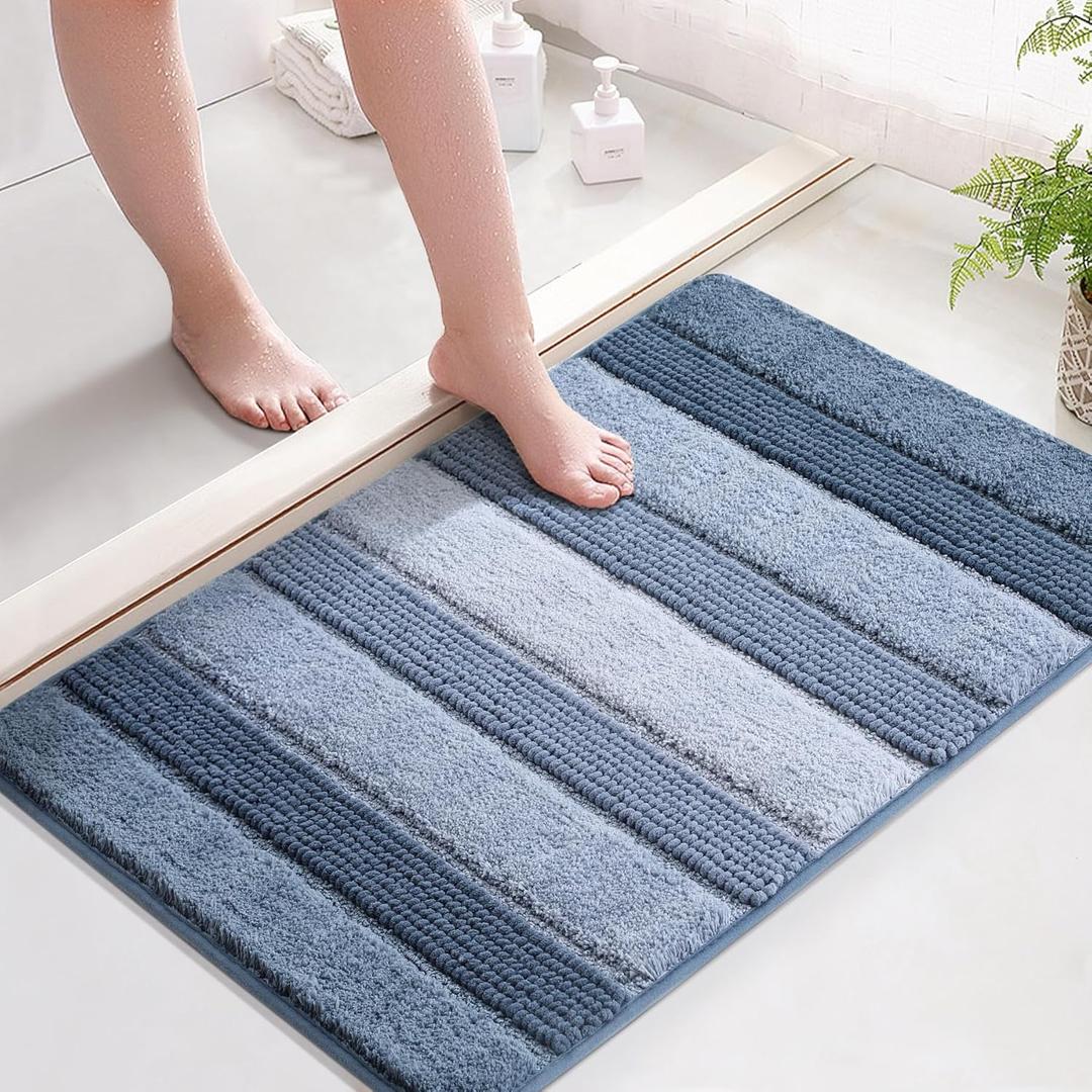 Kmson Ombre Chenille Bathroom Rugs, 24"x36" Non-Slip Bath Mat for Shower Floor & Bathtub, Ultra Soft Washable Shaggy, Fluffy Thick Water Absorbent Microfiber Blue