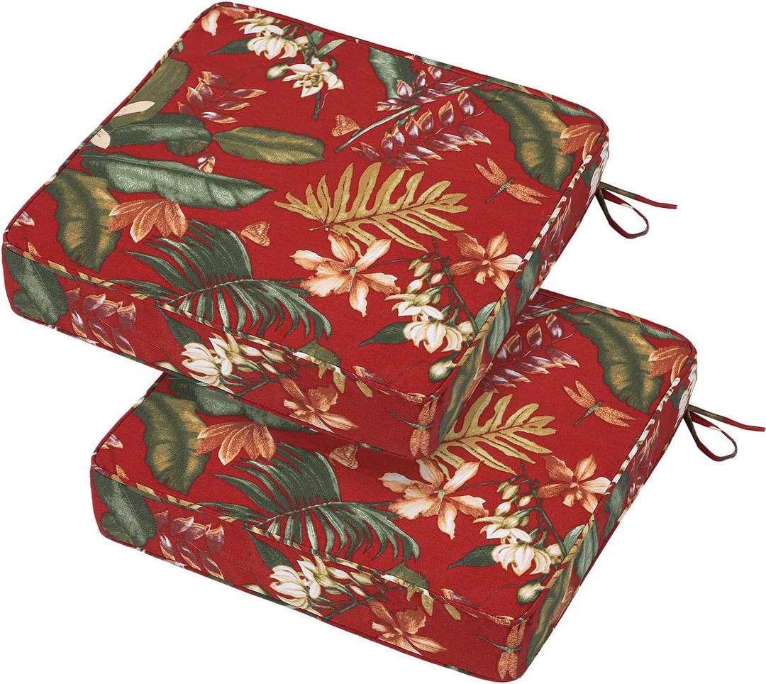 19x19x3 Inch Outdoor Square Corner Chair Cushions with Ties Set of 2, Water & Fade Resistant Thick Seat Cushion Pads for Garden Patio Dining Porch Furniture - Red Floral