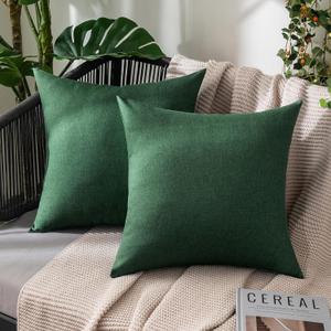 MIULEE Pack of 2 Decorative Outdoor Solid Waterproof Throw Pillow Covers Faux Linen Garden Farmhouse Cushion Cases for Patio Tent Balcony Couch Sofa 18x18 Inch Emerald Green