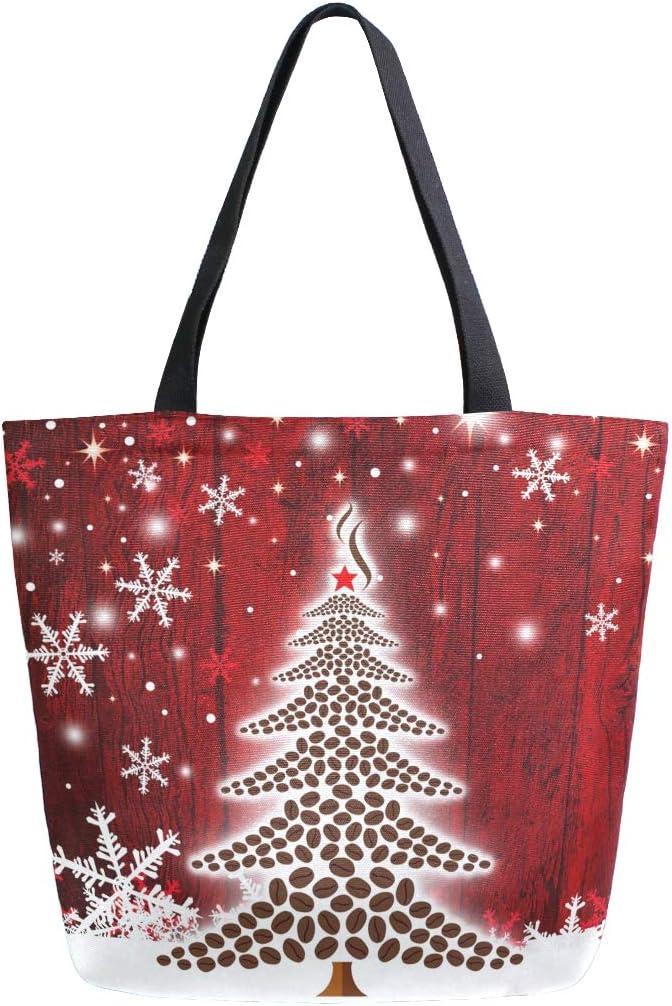Naanle Christmas Canvas Tote Bag - Large Women's Casual Shoulder Handbag, Coffee Christmas Tree Reusable Multipurpose Heavy Duty Shopping Grocery Cotton Bag for Outdoors (15.7in (H) x19.7in (L) x 5.1in (W))