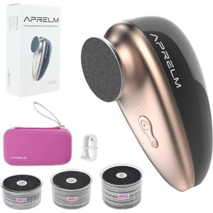 AprElm Rechargeable Electric Foot Callus Remover with 3-Sizes 120Pcs Sandpapers, Professional 1000RPM Electric Foot File with Organizer, Pedicure Tools Gifts for Women Men (E5 Black-Gold)
