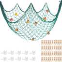 80x40 Inch Decorative Fishing Net w/Shells & Clips, 3mm Thickness Aqua Natural Cotton Large Photo Hanging Fishnet, Wall Party Decorations for Nautical Pirate Hawaii Underwater Mermaid Themed Party