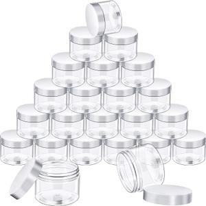SATINIOR 24 Pieces Empty Clear Plastic Jars with Lids Round Storage Containers Wide-Mouth for Beauty Product Cosmetic Cream Lotion Liquid Butter Craft and Food (White Lid, 1 oz)