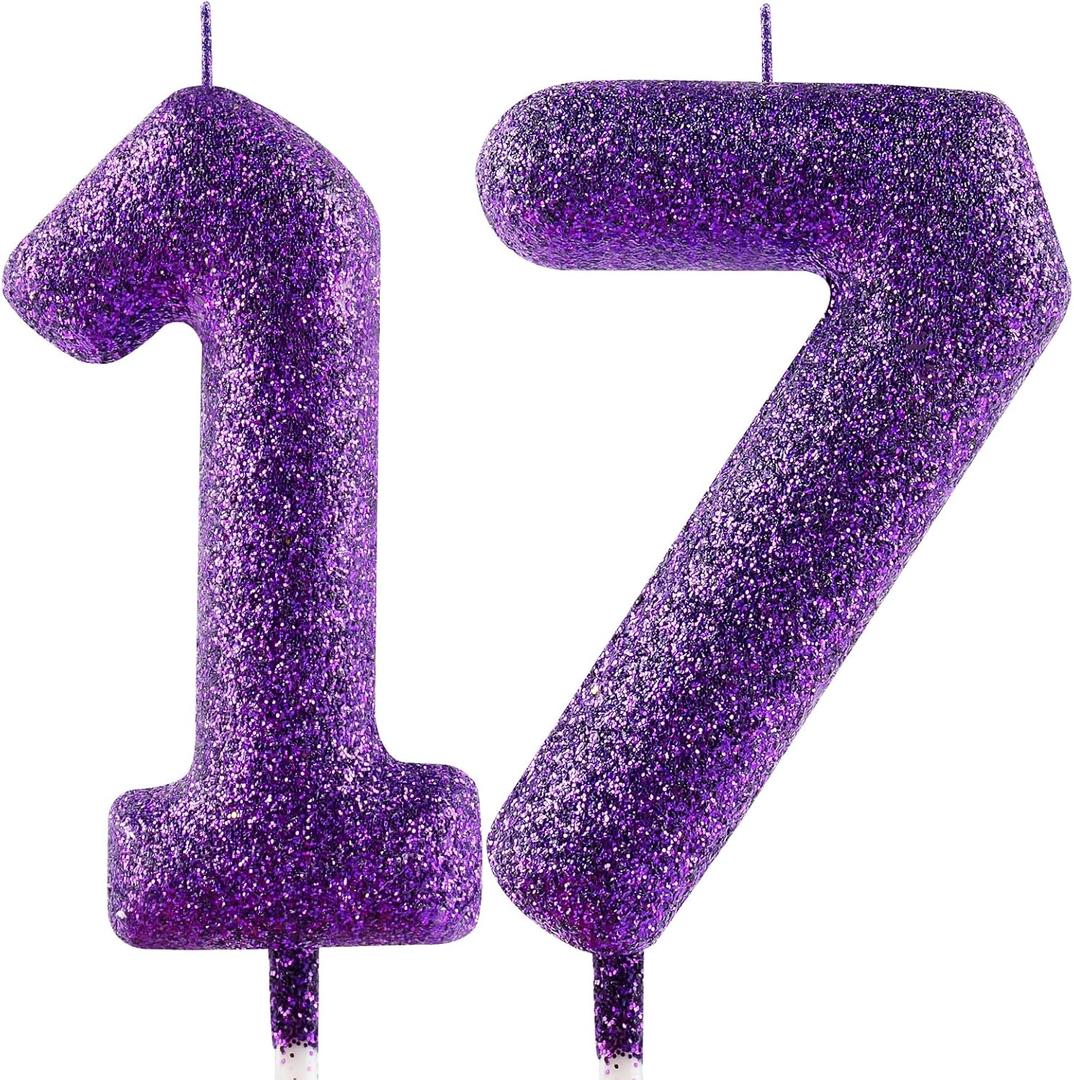 Glitter Purple Birthday Candles,Number 17 Candle,Happy 17th Birthday Candles for Girls Cake Topper Decor,2.36inch Number Candle Party Celebration Anniversary Decoration