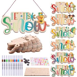 SIRPERICE 14PCS DIY Wooden Christmas Ornaments Set with 12 Markers and Diamond Stickers, Unfinished Wood Discs for Painting, Crafting and Holiday DIY Hanging Decorations (snowman)