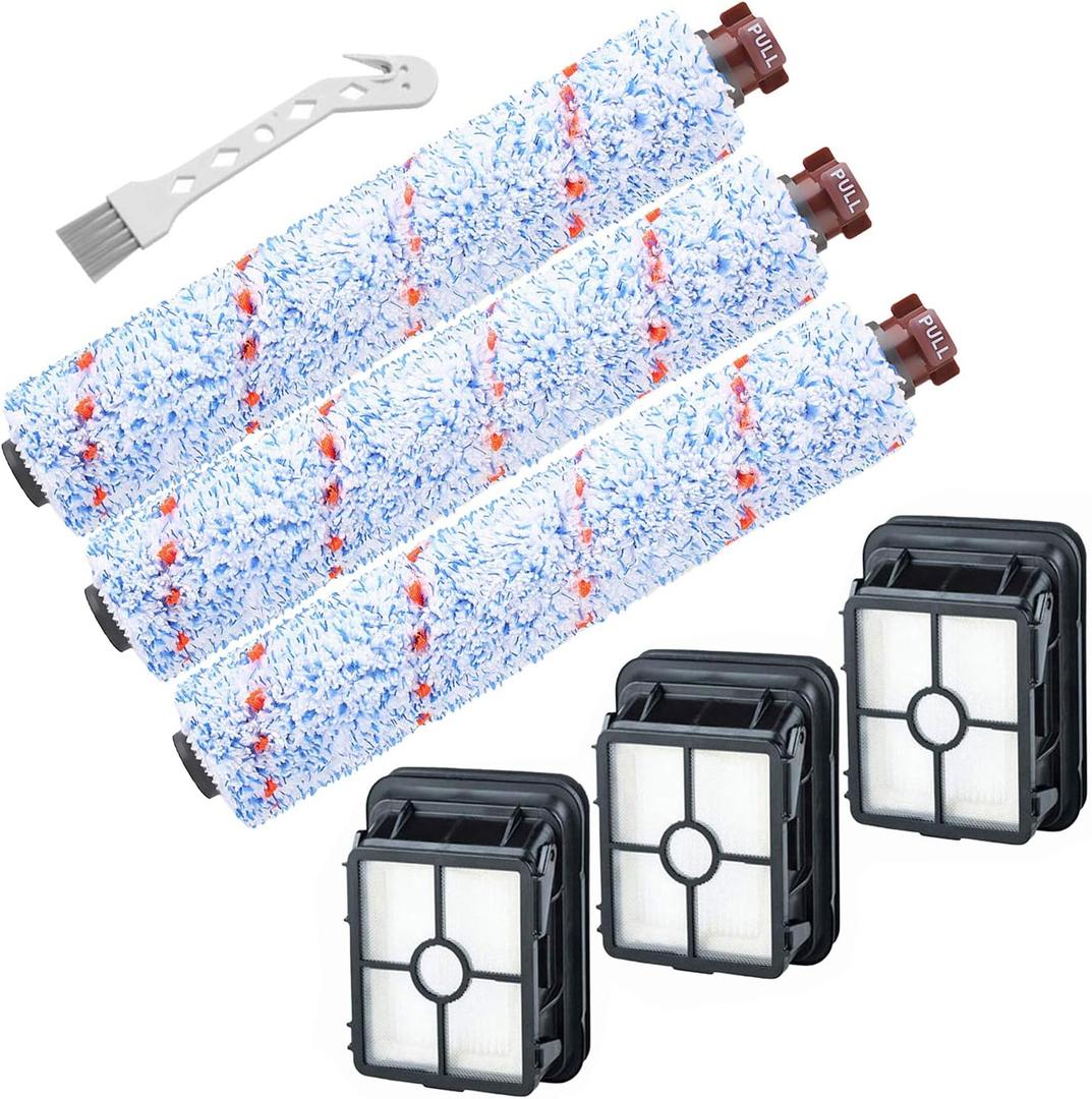Replacement Parts for Bissell CrossWave Vacuum Cleaner, 3 Pack 1868 CrossWave Multi-Surface Brush Rolls + 3 Pack 1866 Vacuum Filters, Vacuum Attachments Compare to Part 1608683, 160-8683, 1608684 (BLUE)