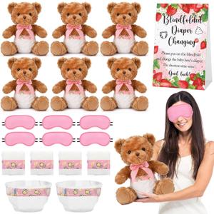 Simgoing 19 Piece Bear Themed Baby Shower Diaper Changing Game Supplies Include 12 inch Bear Dolls Blindfold Diapers Games Prizes for Adult Gender Reveal Raffle Party(Fashion,Pink)