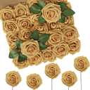N&T NIETING Artificial Flowers 50pcs Real Looking Gold Yellow Foam Fake Roses with Stems for DIY Wedding Bouquets White Bridal Shower Centerpieces Arrangements Party Tables Decorations