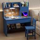 Wooden Blue Kids Study Desk and Chair Set with Light, Charging Station and 2 Drawers, Children Desk with 3 Open Hutch and Shelves, Girls Study Desk for Kids Bedroom-002