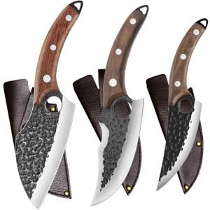 Handmade Forged Kitchen Knife 3 Pcs Professional Chef Knife Set, Hunting, BBQ Meat Knives for Cooking, Forged Kitchen Knife with High Carbon Stainless Steel Cutlery With Leather Sheaths