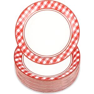 100Pcs Red and White Plates Gingham Checkered Plaid Dessert Plate, 7inch Disposable Paper Plates,Checkered Plaid Dessert Table Supplies for Picnic Barbecue Birthday Family Decorations