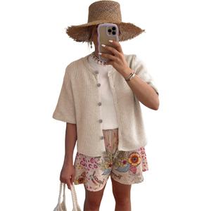 SCUSTY Women's Lightweight Cardigan Short Sleeve Button-Down Summer Cardigan Sweater (Medium, Cream)