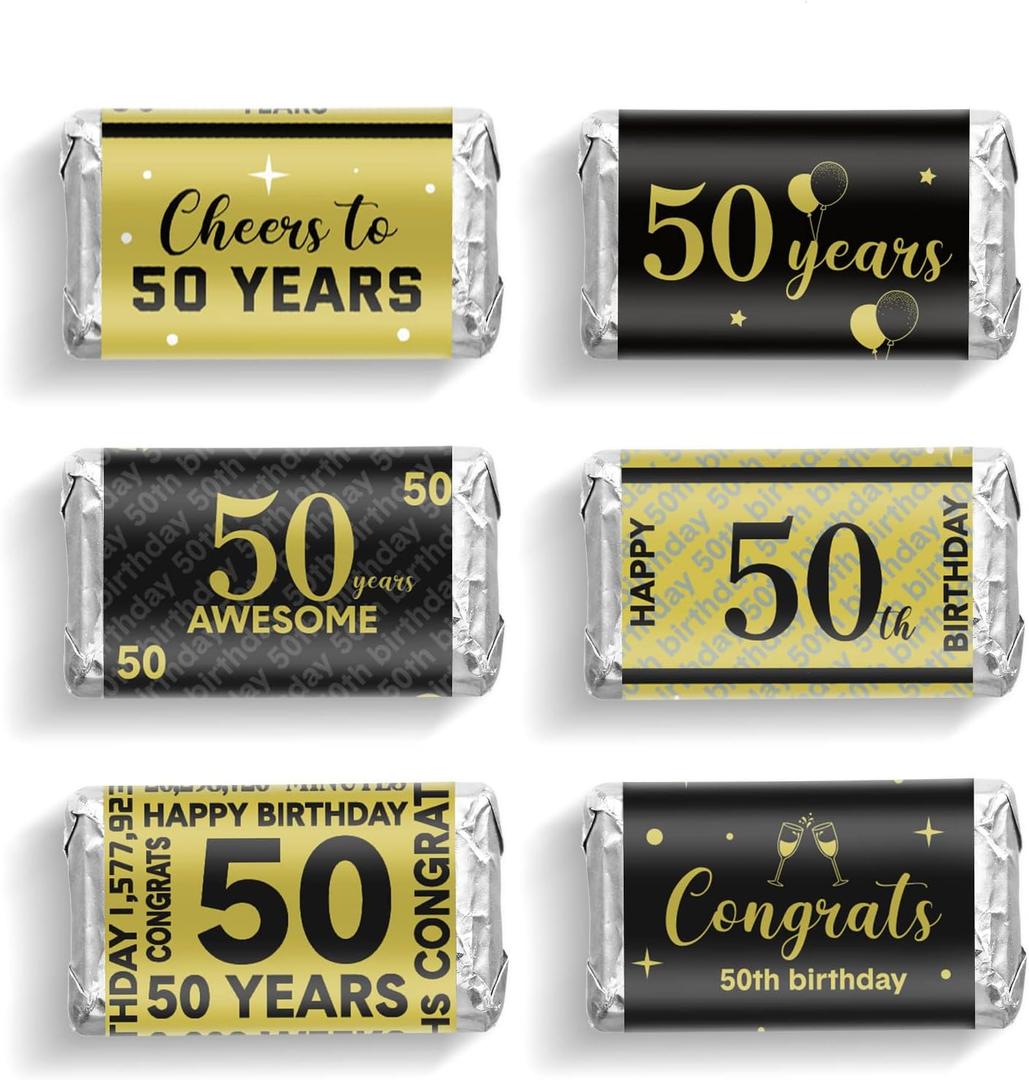 Tenare 90 Pcs 50th Birthday Candy Bar Wrappers Black and Gold Stickers Chocolate Decoration Label Mini Candy Label Stickers for Anniversary Birthday Party Supplies