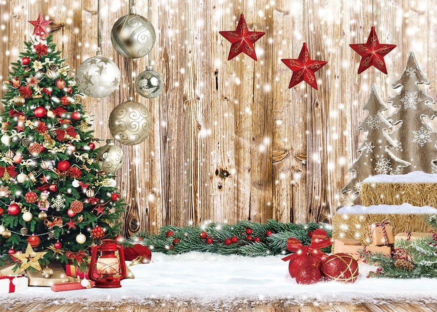 CYLYH 8X6FT Christmas Backdrop Rustic Wood Snow Backdrop Xmas Tree Gifts Background for Christmas Party Decoration Xmas Family Party Banner (Gold)