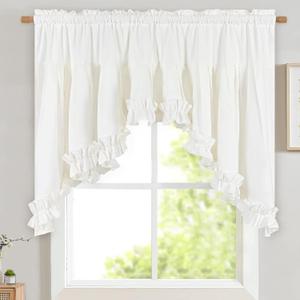 Likiyol Linen Valances for Windows Farmhouse Ruffle Swag Valance Rustic Country Window Valances Light Filtering Kitchen Curtains Rod Pocket Valance Curtains for Bathroom Cafe, White, 60" W x 36" L
