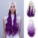 WECAN Silver Grey to Purple Wig 28 Inches Long Sliver to Purple Wavy Wigs For Women Synthetic Hair Replacement Wigs Halloween Cosplay Daily Party Heat-Resistant Fiber Wig