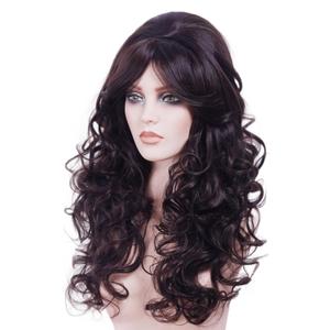 22 Inches Retro Beehive Dark Brown Wigs for Women Long Wavy Wig with Bangs Synthetic Natural Wig for 60s 70s 80s Cosplay,Halloween,Daily Use