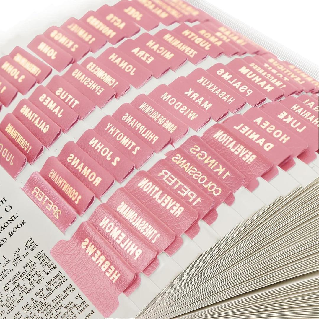 DILIBRA Leather Bible Tabs, Personalized Bible Journaling Tabs for Women and Girl, 100 Bible Index tabs in Total, 73 Tabs for Old and New Testament, Additional 27 Blank Tabs (Pink)